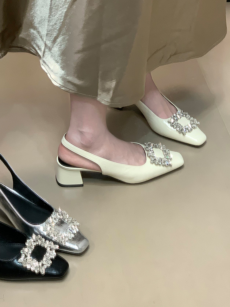 Silver Rhinestone Open-Toe Chunky Heel Sandals for Women - 2025 French Style Back Strap Flats for Skirts and Dresses Silver Rhinestone Open-Toe Chunky Heel Sandals for Women - 2025 French Style Back Strap Flats for Skirts and Dresses