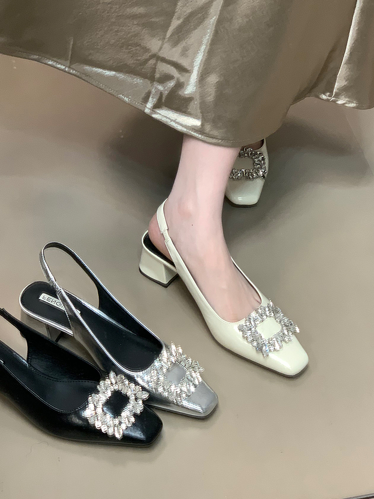 Silver Rhinestone Open-Toe Chunky Heel Sandals for Women - 2025 French Style Back Strap Flats for Skirts and Dresses