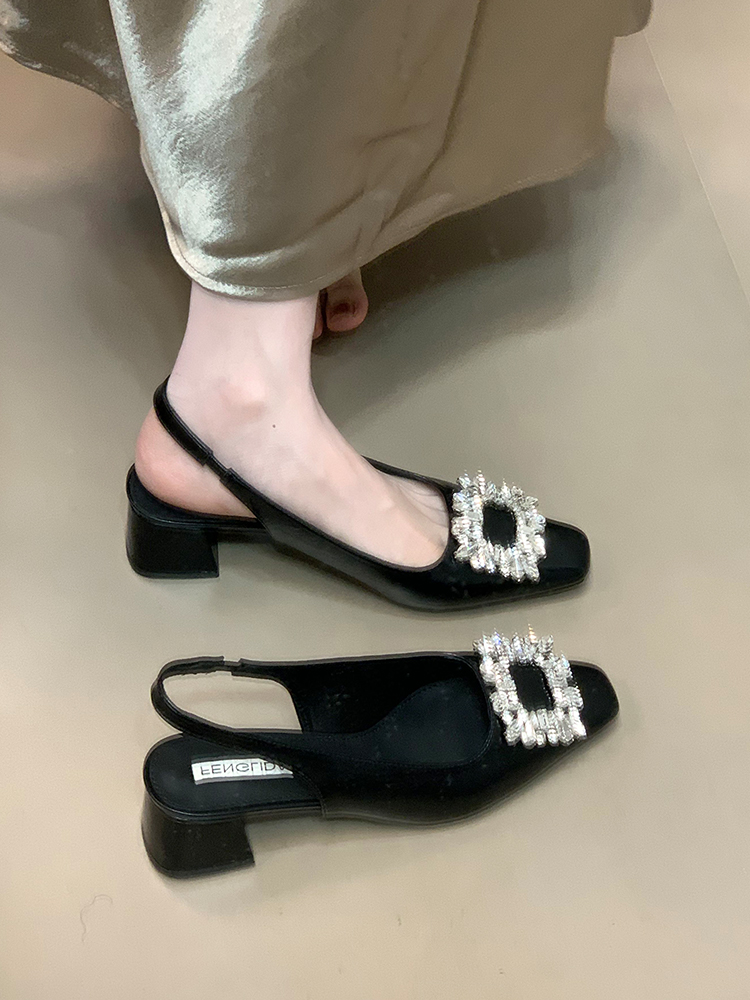 Silver Rhinestone Open-Toe Chunky Heel Sandals for Women - 2025 French Style Back Strap Flats for Skirts and Dresses Silver Rhinestone Open-Toe Chunky Heel Sandals for Women - 2025 French Style Back Strap Flats for Skirts and Dresses