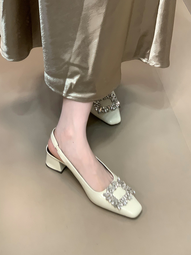 Silver Rhinestone Open-Toe Chunky Heel Sandals for Women - 2025 French Style Back Strap Flats for Skirts and Dresses Silver Rhinestone Open-Toe Chunky Heel Sandals for Women - 2025 French Style Back Strap Flats for Skirts and Dresses