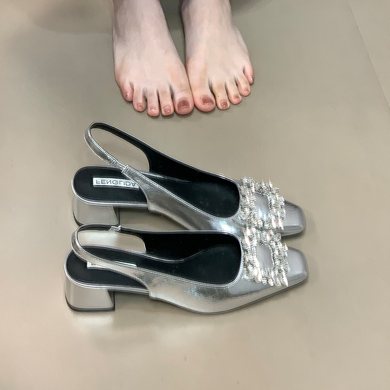 Silver Rhinestone Open-Toe Chunky Heel Sandals for Women - 2025 French Style Back Strap Flats for Skirts and Dresses Silver Rhinestone Open-Toe Chunky Heel Sandals for Women - 2025 French Style Back Strap Flats for Skirts and Dresses