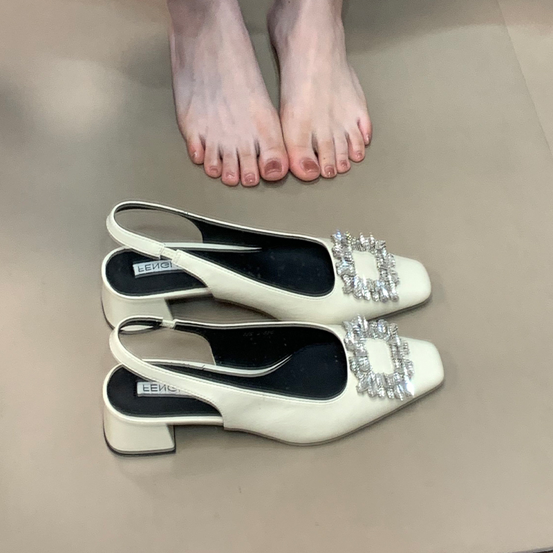 Silver Rhinestone Open-Toe Chunky Heel Sandals for Women - 2025 French Style Back Strap Flats for Skirts and Dresses