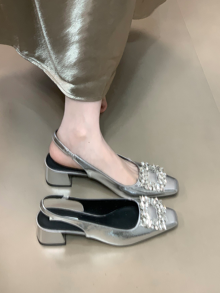 Silver Rhinestone Open-Toe Chunky Heel Sandals for Women - 2025 French Style Back Strap Flats for Skirts and Dresses Silver Rhinestone Open-Toe Chunky Heel Sandals for Women - 2025 French Style Back Strap Flats for Skirts and Dresses