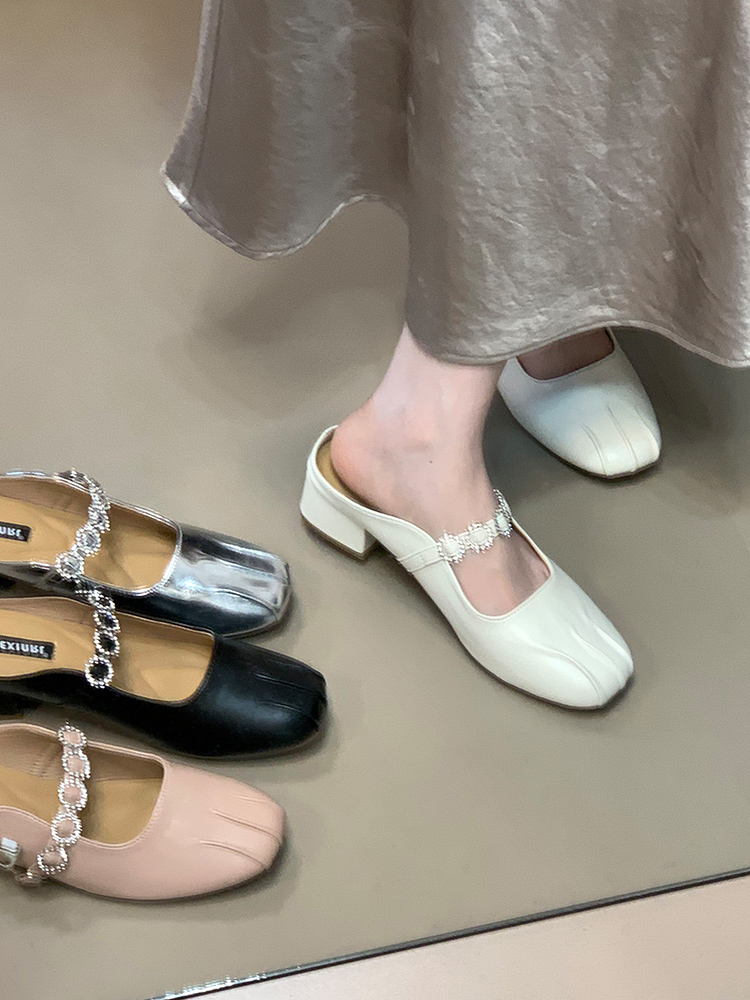 Silver Rhinestone Strap Open-Toe Half Slippers for Women - French Style Outdoor Sandals, Spring Summer Fashion Flats