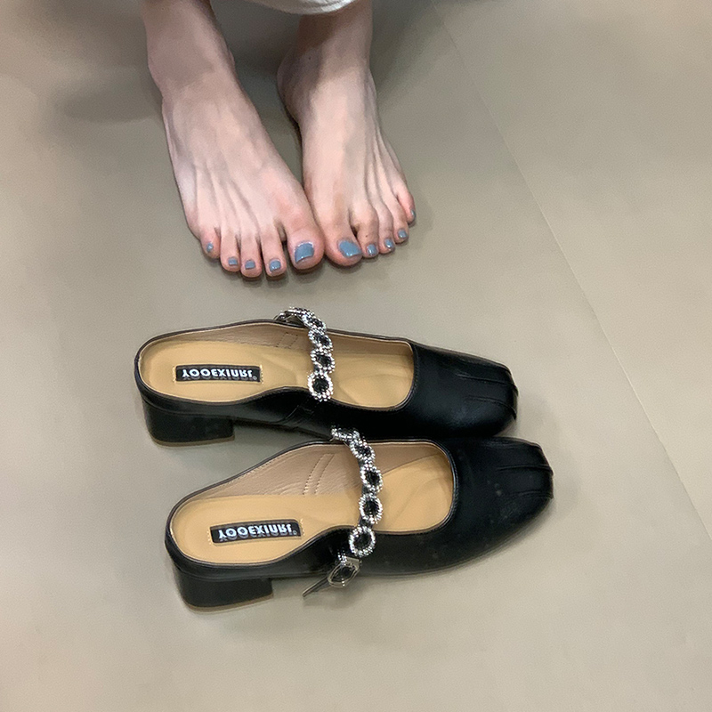 Silver Rhinestone Strap Open-Toe Half Slippers for Women - French Style Outdoor Sandals, Spring Summer Fashion Flats