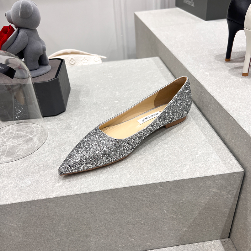 Silver Sequined French Pointed Flat Shoes for Girls - Versatile Shallow Mouth Party Footwear