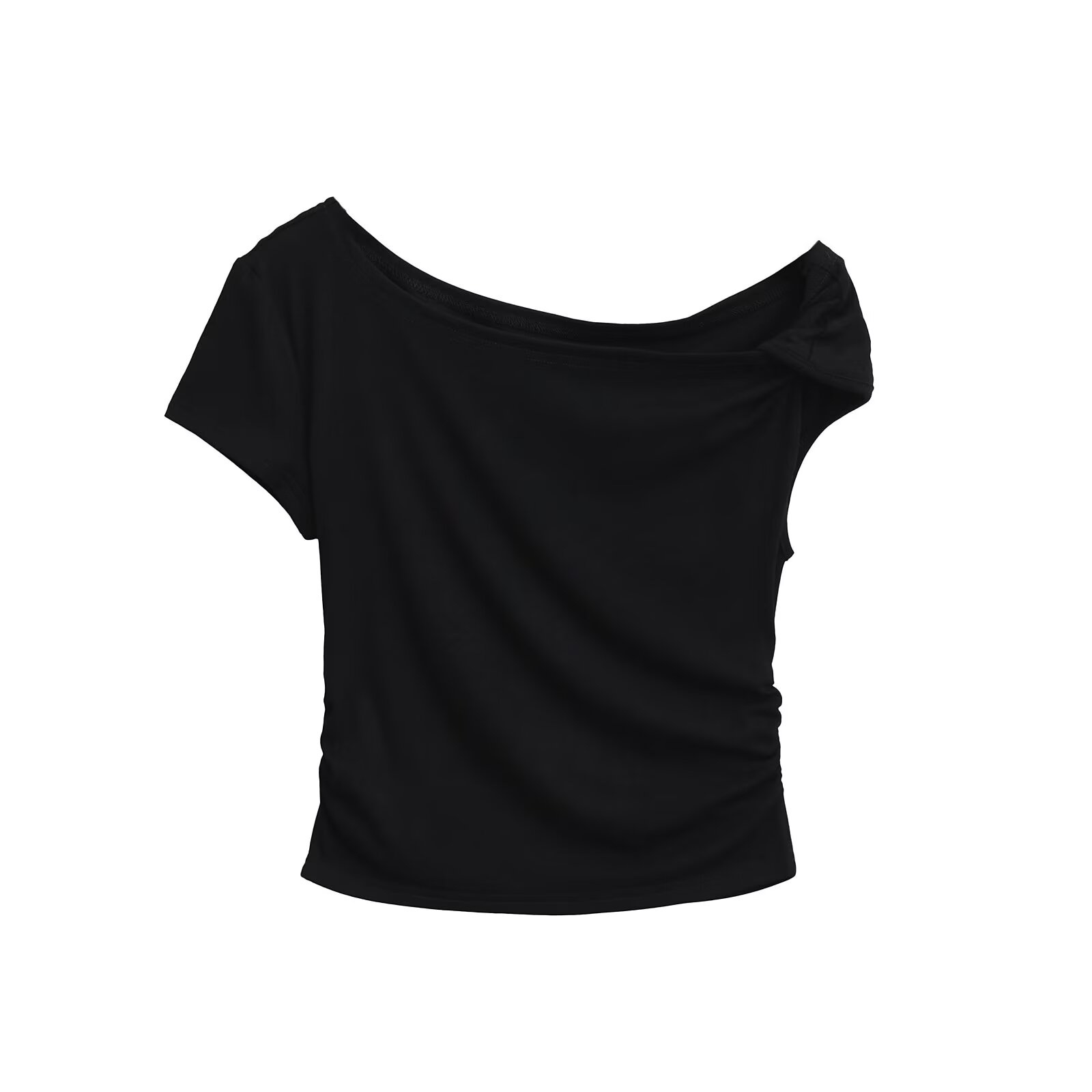 Slanted Collar Off-Shoulder Black T-Shirt for Women - Slim Fit Jazz Street Dance Style - 2025 Summer Fashion Slanted Collar Off-Shoulder Black T-Shirt for Women - Slim Fit Jazz Street Dance Style - 2025 Summer Fashion