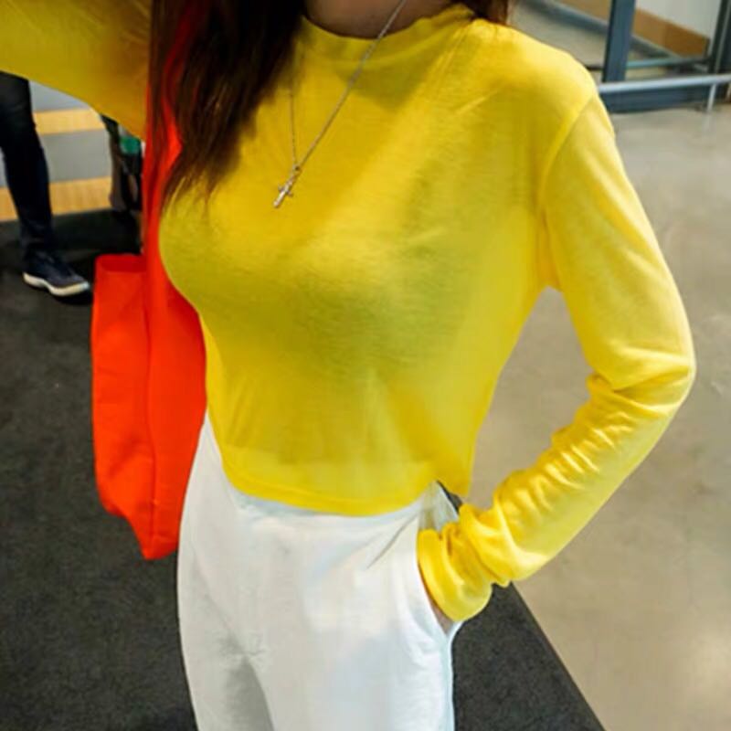 Slightly Sheer Sexy Cropped Long Sleeve T-Shirt - 2025 Spring Korean Style Sun Protection Top for Women