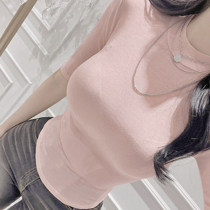 Slightly Sheer White Mid-Sleeve T-Shirt for Women - Korean Sexy Slim-Fit Summer Base Layer with Black Curved Hem Half-Sleeve Top Slightly Sheer White Mid-Sleeve T-Shirt for Women - Korean Sexy Slim-Fit Summer Base Layer with Black Curved Hem Half-Sleeve Top