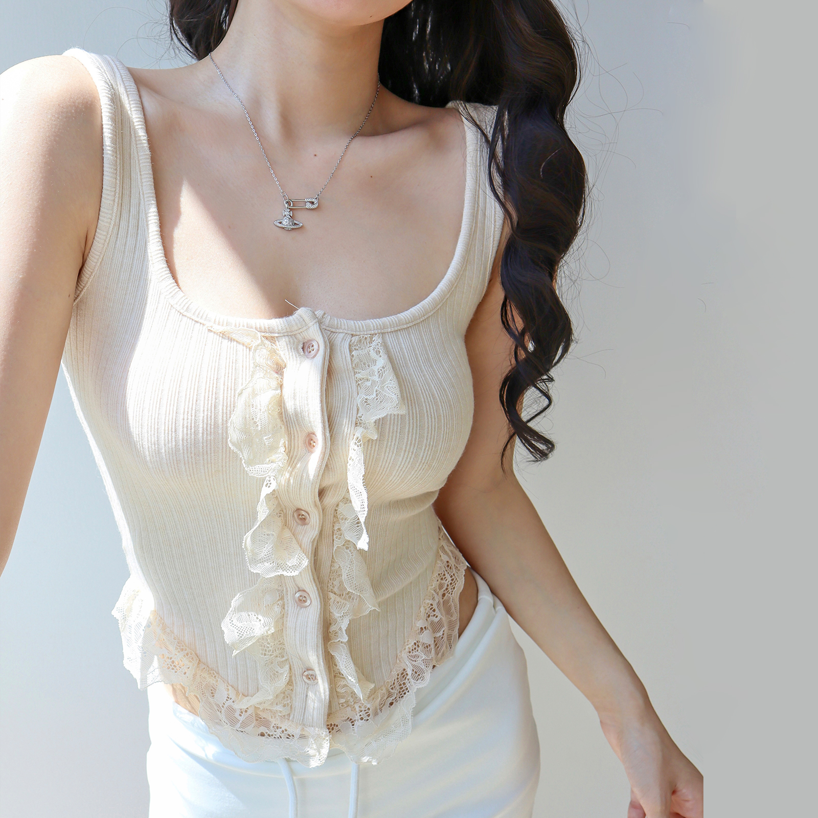 Slim Fit Button Lace Trim Camisole - Sexy Casual Soft Strap Top for Women, Perfect for Y2K and Korean Style Fashion