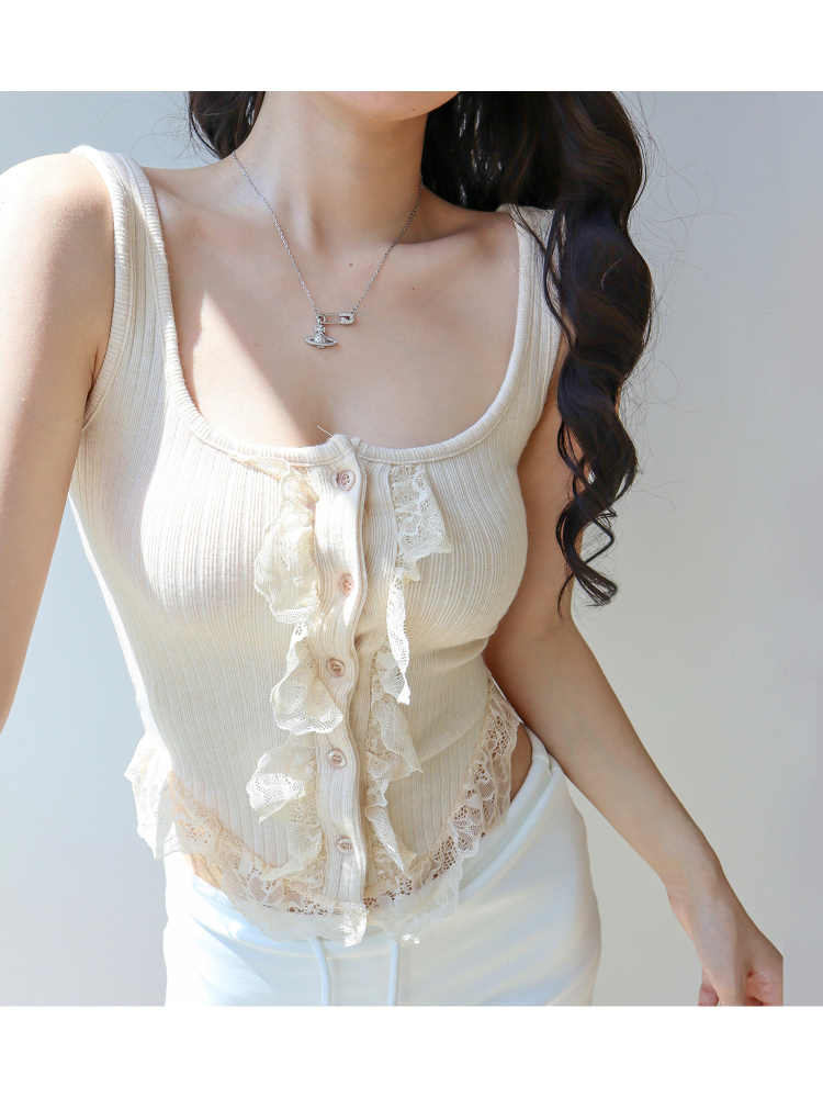 Slim Fit Button Lace Trim Camisole - Sexy Casual Soft Strap Top for Women, Perfect for Y2K and Korean Style Fashion