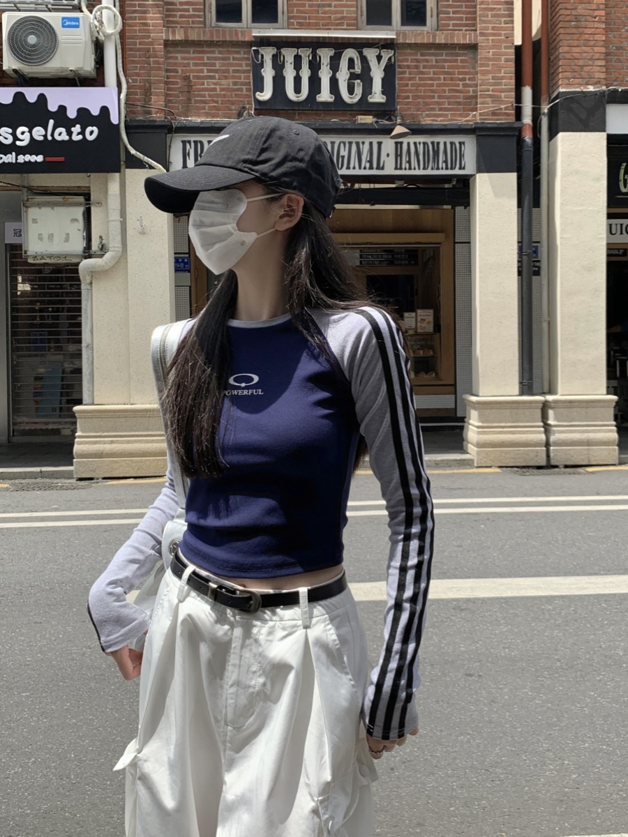 Slim Fit Color Block Long Sleeve T-Shirt for Jazz Dance - Spring Pure Desire Striped Top for 90s Inspired Style