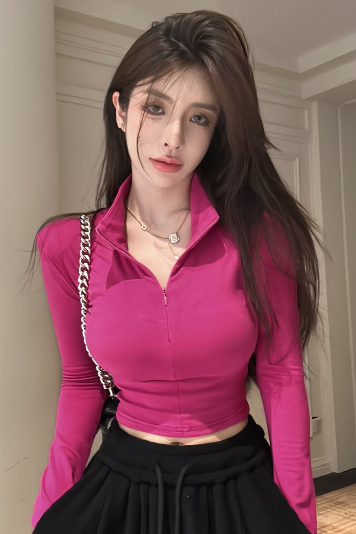 Slim Fit Cropped Hot Girl T-shirt with Half-Open Collar for Jazz Dance - Stylish Women's Top for 90s & Y2K Fashion Enthusiasts