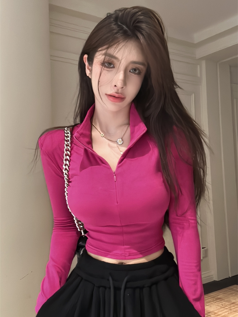 Slim Fit Cropped Hot Girl T-shirt with Half-Open Collar for Jazz Dance - Stylish Women's Top for 90s & Y2K Fashion Enthusiasts