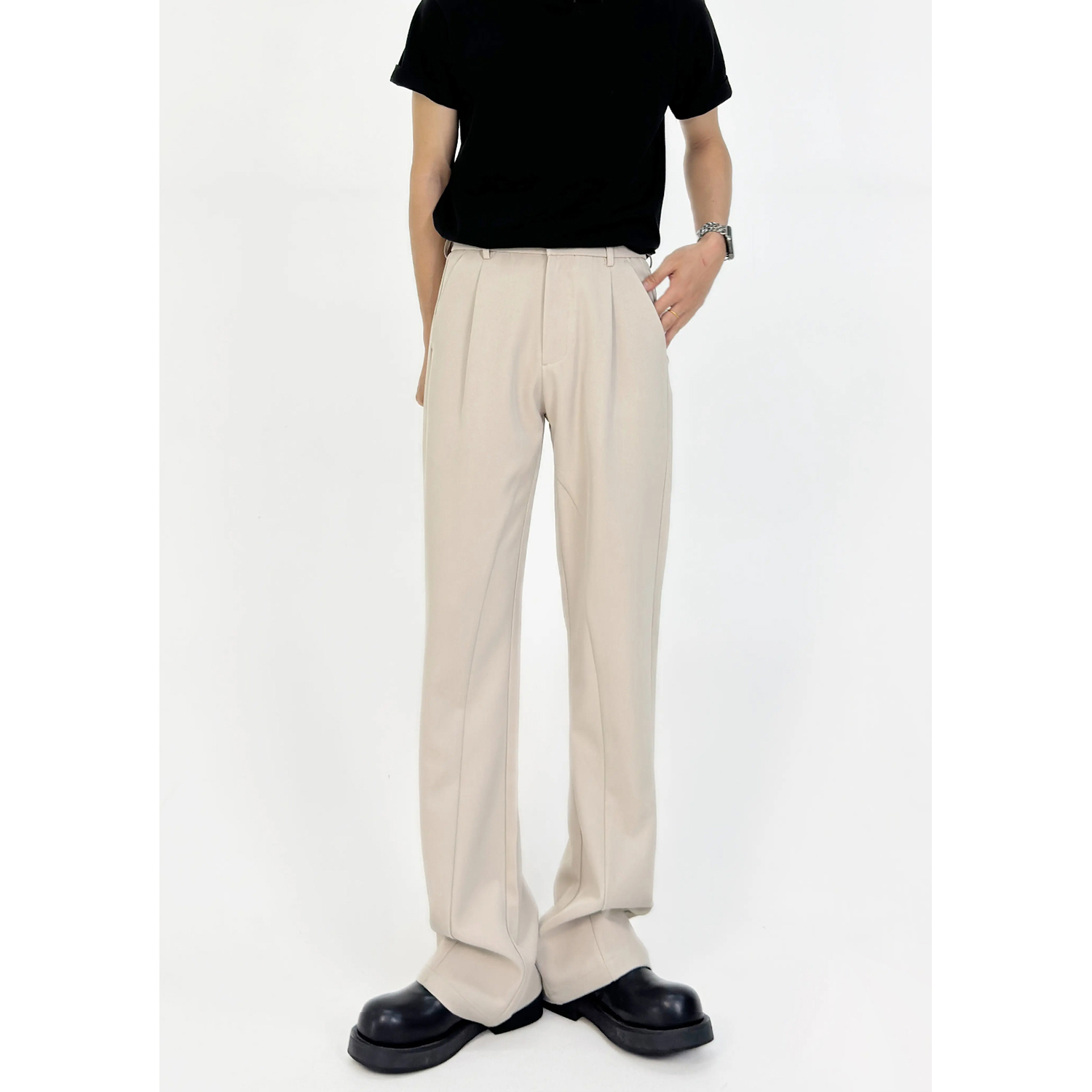 Slim-Fit Deconstructed Micro-Flare Trousers for Men - High Elastic Waist Solid Color Casual Pants with Versatile Style