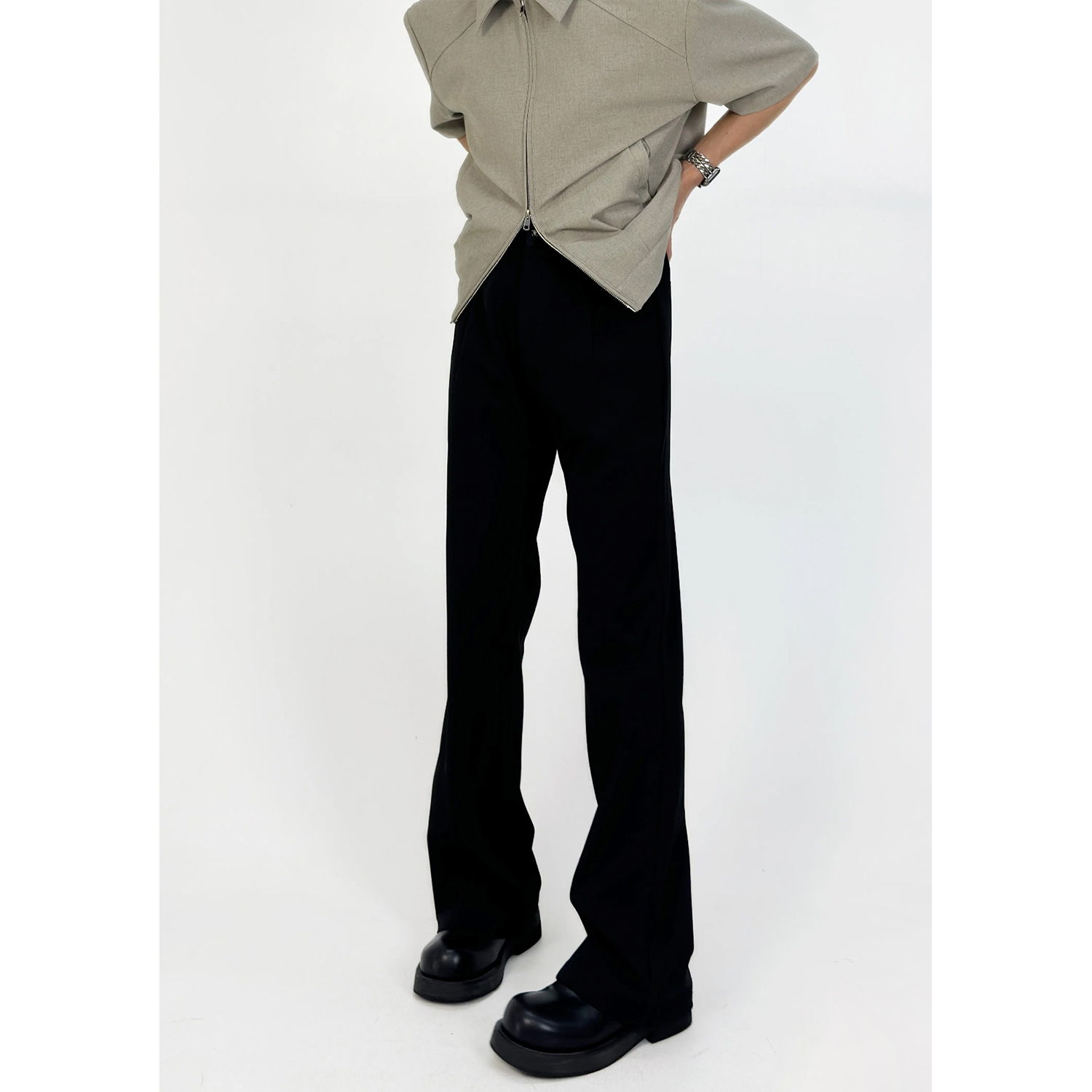 Slim-Fit Deconstructed Micro-Flare Trousers for Men - High Elastic Waist Solid Color Casual Pants with Versatile Style Slim-Fit Deconstructed Micro-Flare Trousers for Men - High Elastic Waist Solid Color Casual Pants with Versatile Style