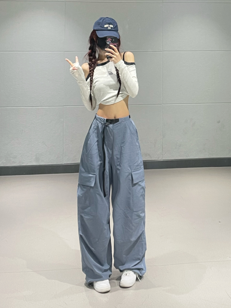 Slim-Fit High-Waisted Cargo Pants for Women – American Style Blue Elastic Dance Casual Pants for Spring Summer 2024 Slim-Fit High-Waisted Cargo Pants for Women – American Style Blue Elastic Dance Casual Pants for Spring Summer 2024
