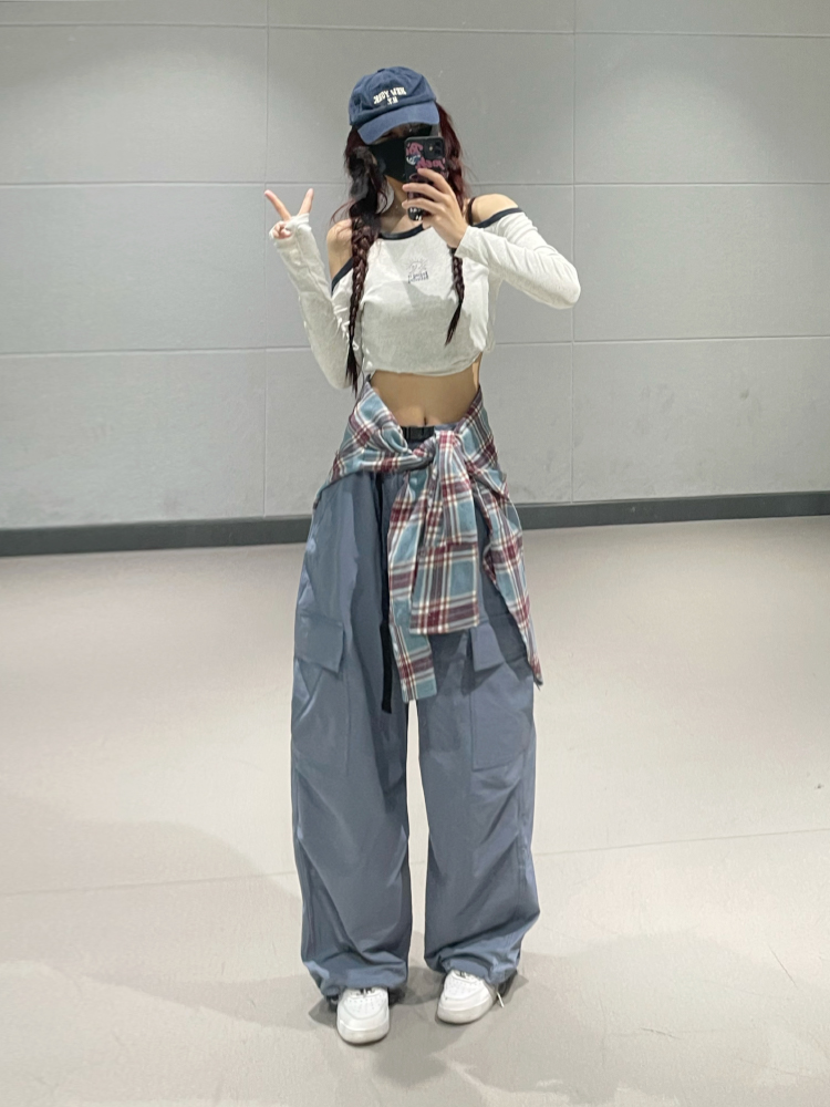 Slim-Fit High-Waisted Cargo Pants for Women – American Style Blue Elastic Dance Casual Pants for Spring Summer 2024 Slim-Fit High-Waisted Cargo Pants for Women – American Style Blue Elastic Dance Casual Pants for Spring Summer 2024