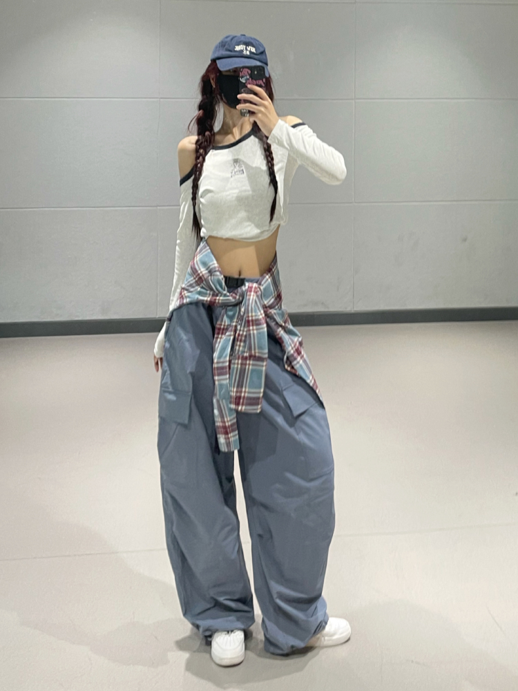 Slim-Fit High-Waisted Cargo Pants for Women â€“ American Style Blue Elastic Dance Casual Pants for Spring Summer 2024