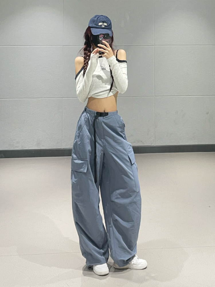 Slim-Fit High-Waisted Cargo Pants for Women – American Style Blue Elastic Dance Casual Pants for Spring Summer 2024 Slim-Fit High-Waisted Cargo Pants for Women – American Style Blue Elastic Dance Casual Pants for Spring Summer 2024