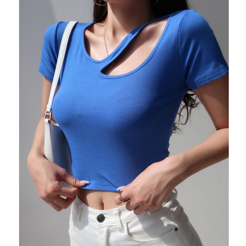 Slim Fit Hollow Round Neck Short Sleeve T-Shirt for Women - Sexy Solid Color Base Top, European & American Style, High Waist Slim Fit Hollow Round Neck Short Sleeve T-Shirt for Women - Sexy Solid Color Base Top, European & American Style, High Waist