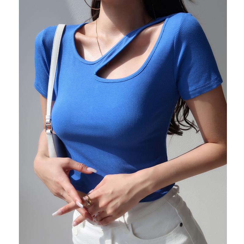 Slim Fit Hollow Round Neck Short Sleeve T-Shirt for Women - Sexy Solid Color Base Top, European & American Style, High Waist Slim Fit Hollow Round Neck Short Sleeve T-Shirt for Women - Sexy Solid Color Base Top, European & American Style, High Waist