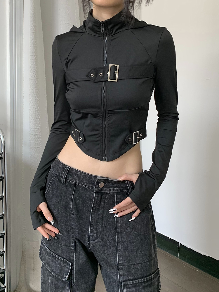 Slim-Fit Hooded Sweatshirt with Backpack Buckle, Zipper Cardigan, and Half-High Collar - Women's Leisure Sports Top