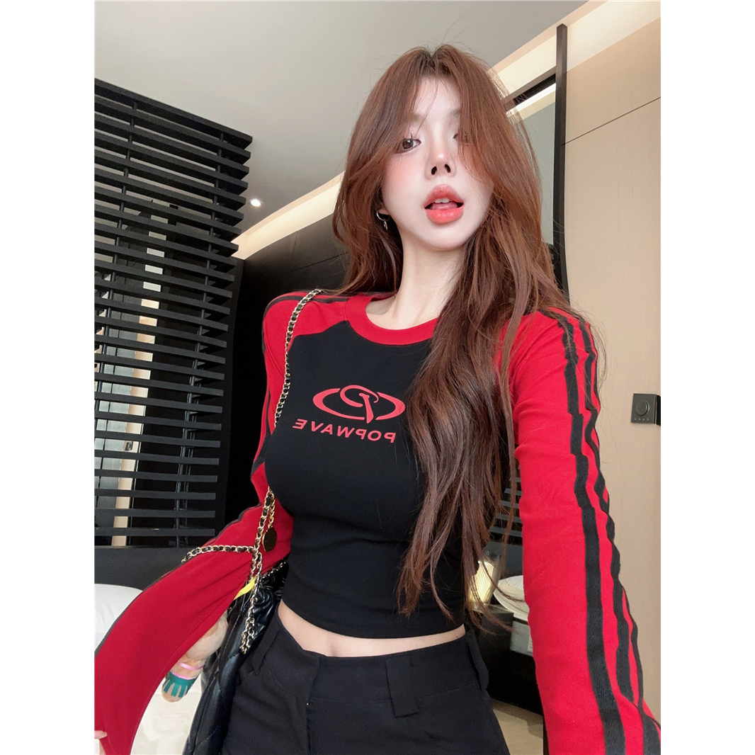 Slim-Fit Long Sleeve Patchwork T-Shirt - Sexy K-Pop Festival Top for Hot Girls, Trendy Jazz-Inspired Fashion