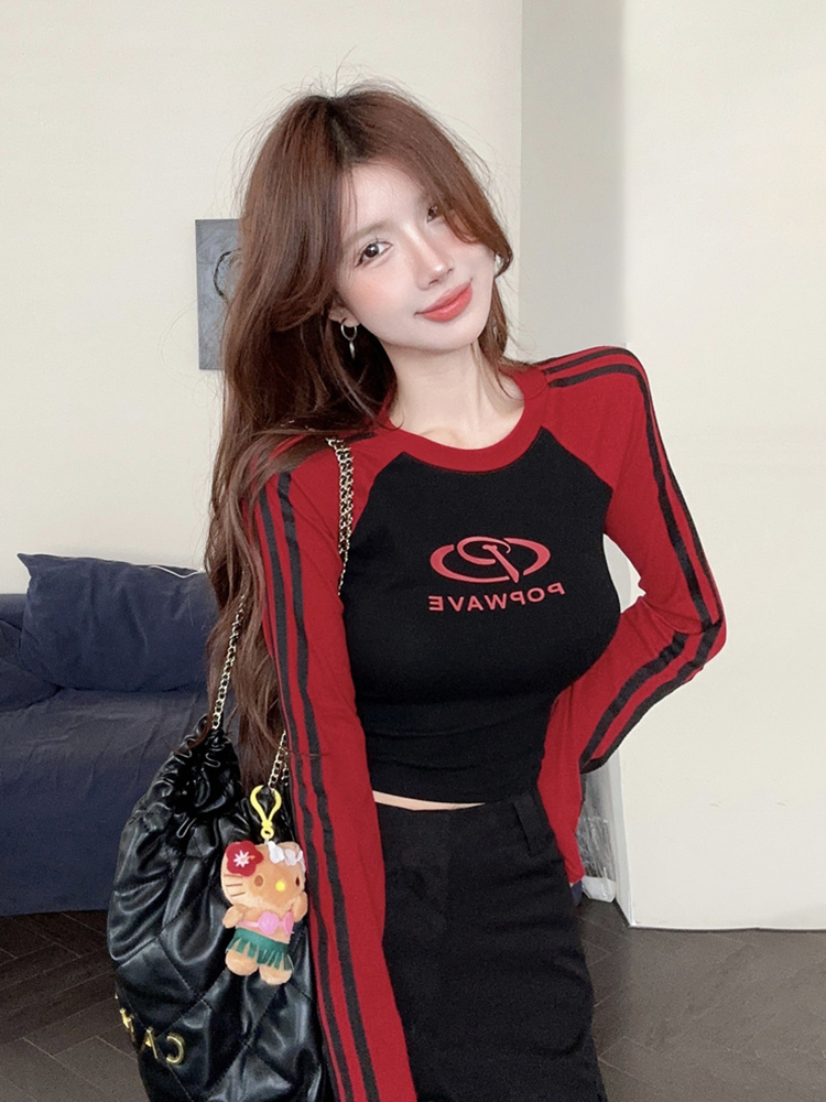 Slim-Fit Long Sleeve Patchwork T-Shirt - Sexy K-Pop Festival Top for Hot Girls, Trendy Jazz-Inspired Fashion