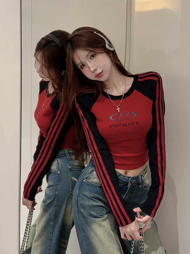 Slim-Fit Long Sleeve Patchwork T-Shirt - Sexy K-Pop Festival Top for Hot Girls, Trendy Jazz-Inspired Fashion Slim-Fit Long Sleeve Patchwork T-Shirt - Sexy K-Pop Festival Top for Hot Girls, Trendy Jazz-Inspired Fashion