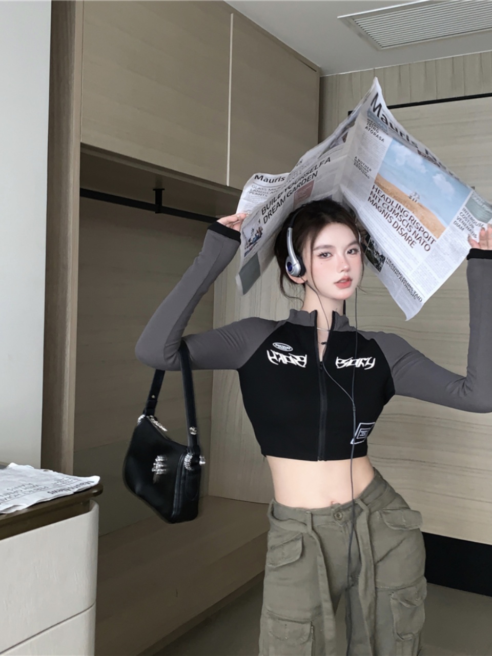 Slim Fit Long Sleeve T-Shirt for Women, European American Jazz Dance Workwear, Trendy Motorcycle Style Top Slim Fit Long Sleeve T-Shirt for Women, European American Jazz Dance Workwear, Trendy Motorcycle Style Top