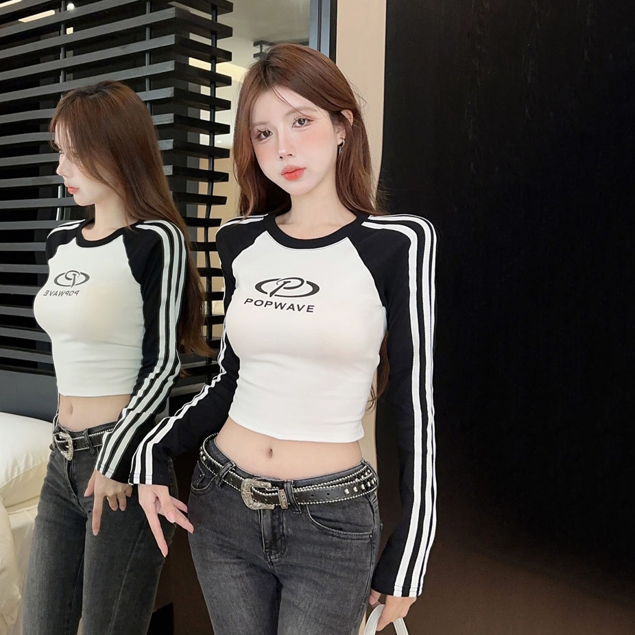Slim-Fit Long Sleeve T-Shirt for Women, Short Style K-Pop Top, Jazz Dance Outfit, Spicy Girl Group Performance Tee Slim-Fit Long Sleeve T-Shirt for Women, Short Style K-Pop Top, Jazz Dance Outfit, Spicy Girl Group Performance Tee