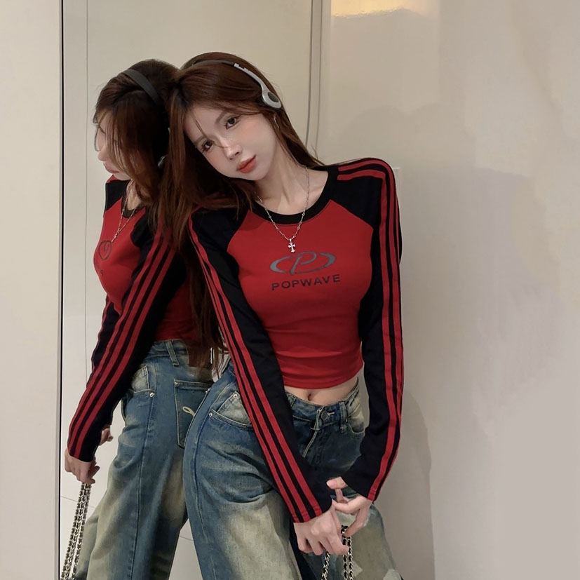 Slim-Fit Long Sleeve T-Shirt for Women, Short Style K-Pop Top, Jazz Dance Outfit, Spicy Girl Group Performance Tee Slim-Fit Long Sleeve T-Shirt for Women, Short Style K-Pop Top, Jazz Dance Outfit, Spicy Girl Group Performance Tee