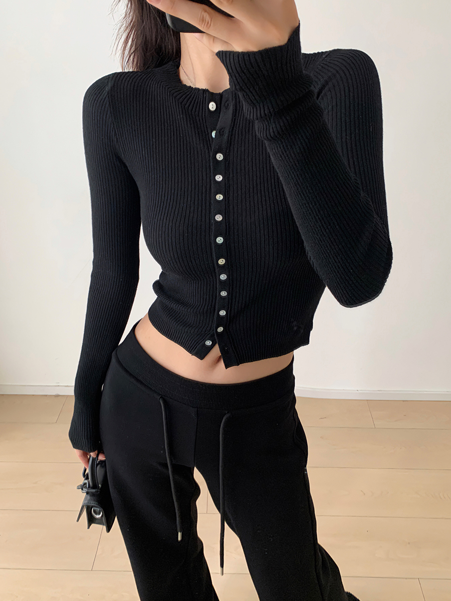 Slim Fit Ribbed Knit Top for Women - Retro Simple Single-Breasted Versatile Shirt, Y2K Fashion Style, Elastic Slimming Design