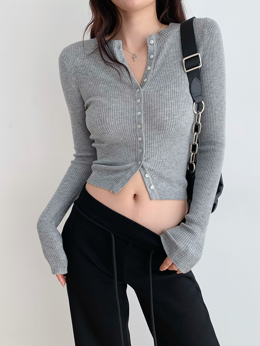 Slim Fit Ribbed Knit Top for Women - Retro Simple Single-Breasted Versatile Shirt, Y2K Fashion Style, Elastic Slimming Design Slim Fit Ribbed Knit Top for Women - Retro Simple Single-Breasted Versatile Shirt, Y2K Fashion Style, Elastic Slimming Design