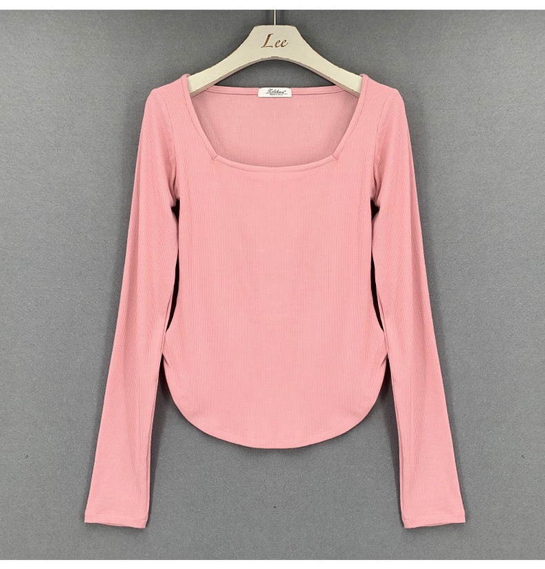 Slim-Fit Sexy Low-Cut Square Neck Short Sleeve T-Shirt with Curved Hem - 2025 South Korea Dongdaemun Summer Style for Women Slim-Fit Sexy Low-Cut Square Neck Short Sleeve T-Shirt with Curved Hem - 2025 South Korea Dongdaemun Summer Style for Women