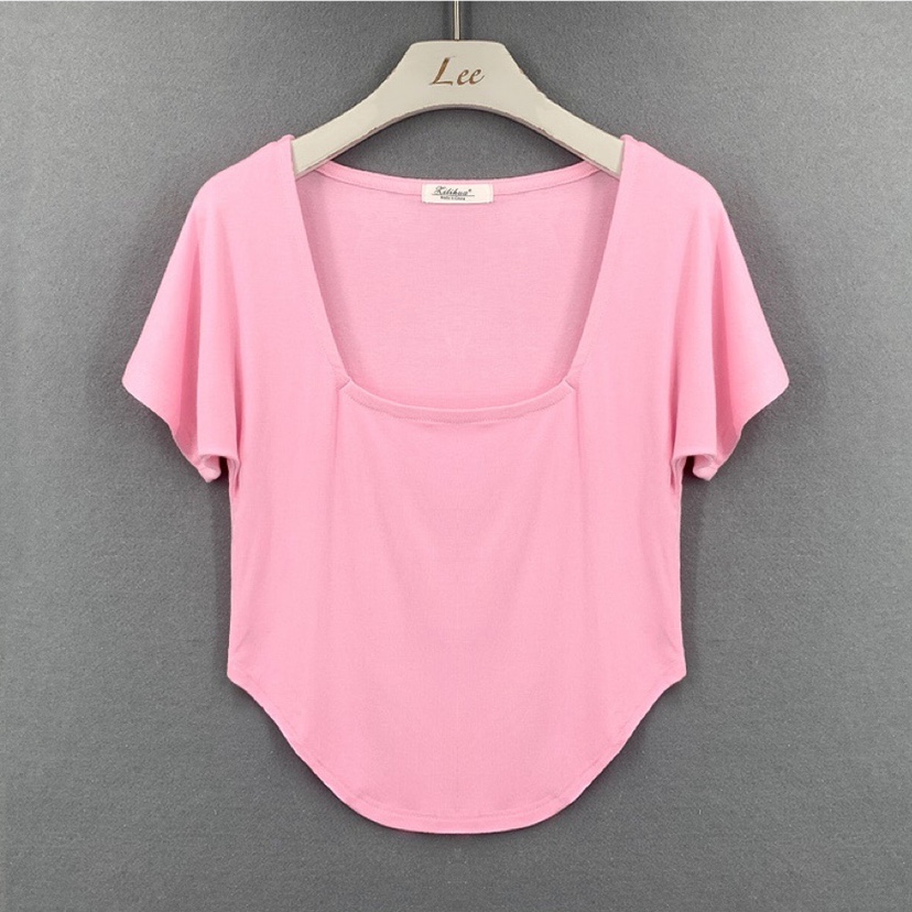 Slim-Fit Sexy Low-Cut Square Neck Short Sleeve T-Shirt with Curved Hem - 2025 South Korea Dongdaemun Summer Style for Women Slim-Fit Sexy Low-Cut Square Neck Short Sleeve T-Shirt with Curved Hem - 2025 South Korea Dongdaemun Summer Style for Women