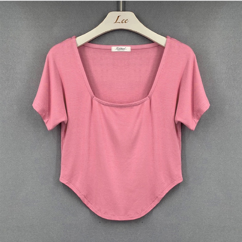 Slim-Fit Sexy Low-Cut Square Neck Short Sleeve T-Shirt with Curved Hem - 2025 South Korea Dongdaemun Summer Style for Women Slim-Fit Sexy Low-Cut Square Neck Short Sleeve T-Shirt with Curved Hem - 2025 South Korea Dongdaemun Summer Style for Women