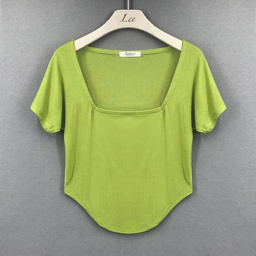 Slim-Fit Sexy Low-Cut Square Neck Short Sleeve T-Shirt with Curved Hem - 2025 South Korea Dongdaemun Summer Style for Women Slim-Fit Sexy Low-Cut Square Neck Short Sleeve T-Shirt with Curved Hem - 2025 South Korea Dongdaemun Summer Style for Women