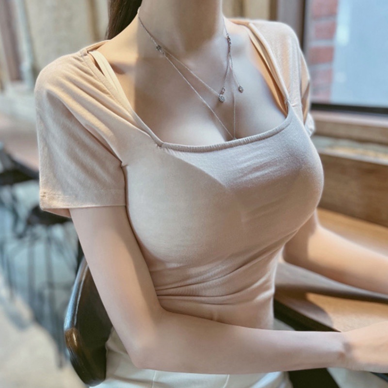 Slim-Fit Sexy Low-Cut Square Neck Short Sleeve T-Shirt with Curved Hem - 2025 South Korea Dongdaemun Summer Style for Women