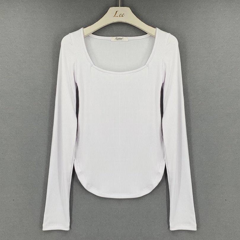 Slim-Fit Sexy Low-Cut Square Neck Short Sleeve T-Shirt with Curved Hem - 2025 South Korea Dongdaemun Summer Style for Women Slim-Fit Sexy Low-Cut Square Neck Short Sleeve T-Shirt with Curved Hem - 2025 South Korea Dongdaemun Summer Style for Women