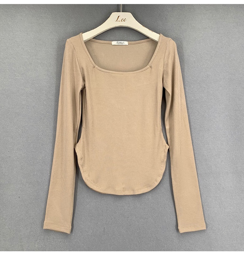 Slim-Fit Sexy Low-Cut Square Neck Short Sleeve T-Shirt with Curved Hem - 2025 South Korea Dongdaemun Summer Style for Women Slim-Fit Sexy Low-Cut Square Neck Short Sleeve T-Shirt with Curved Hem - 2025 South Korea Dongdaemun Summer Style for Women