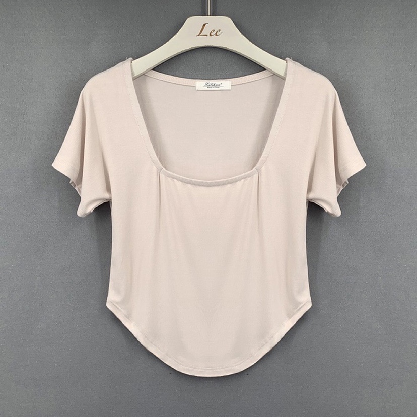Slim-Fit Sexy Low-Cut Square Neck Short Sleeve T-Shirt with Curved Hem - 2025 South Korea Dongdaemun Summer Style for Women Slim-Fit Sexy Low-Cut Square Neck Short Sleeve T-Shirt with Curved Hem - 2025 South Korea Dongdaemun Summer Style for Women