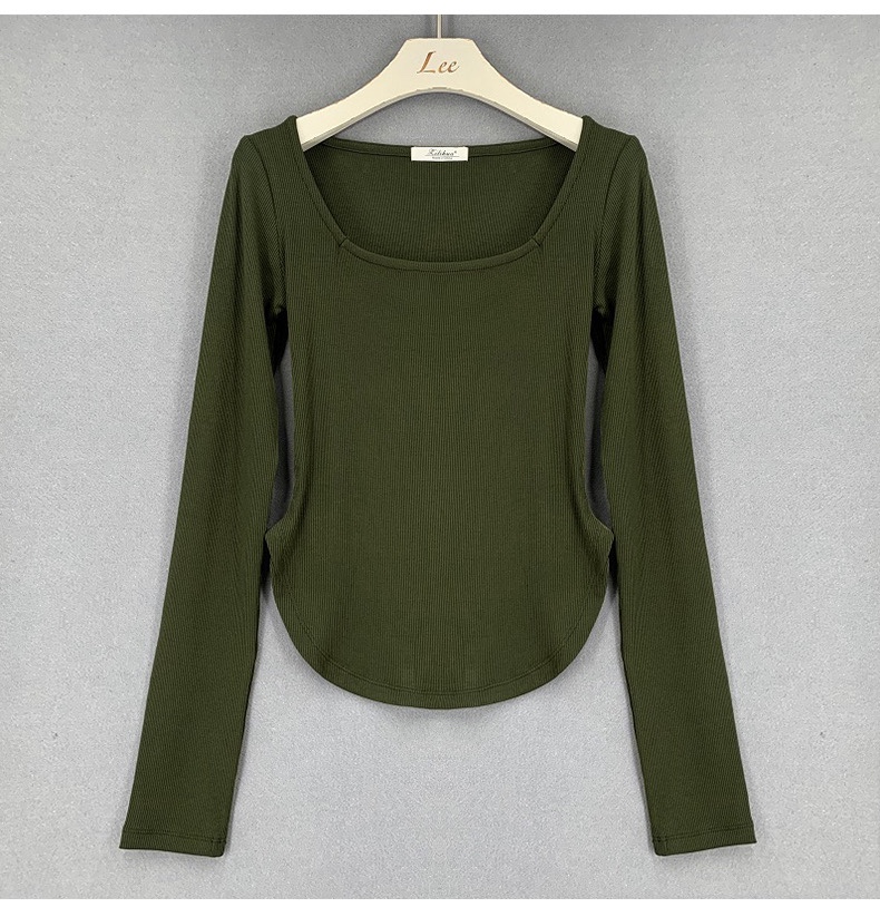 Slim-Fit Sexy Low-Cut Square Neck Short Sleeve T-Shirt with Curved Hem - 2025 South Korea Dongdaemun Summer Style for Women Slim-Fit Sexy Low-Cut Square Neck Short Sleeve T-Shirt with Curved Hem - 2025 South Korea Dongdaemun Summer Style for Women