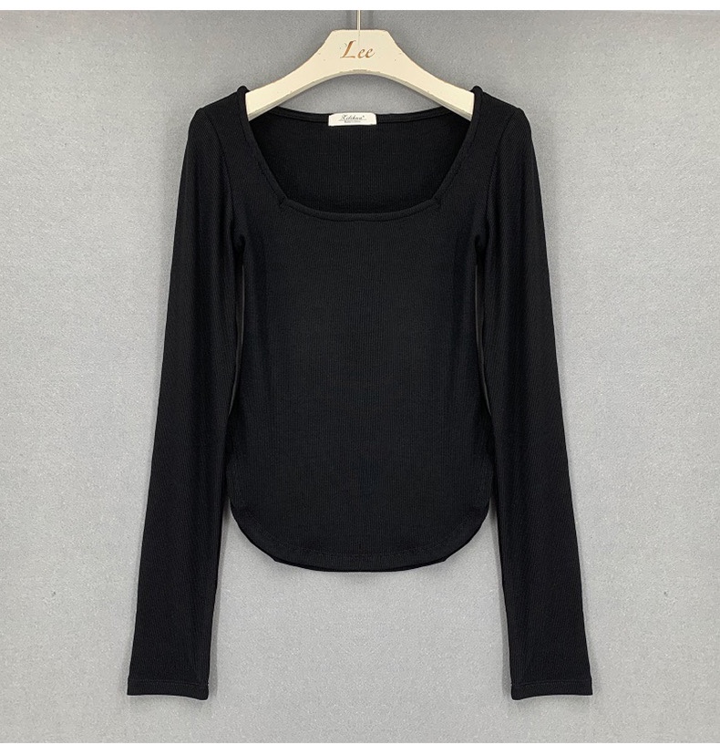 Slim-Fit Sexy Low-Cut Square Neck Short Sleeve T-Shirt with Curved Hem - 2025 South Korea Dongdaemun Summer Style for Women Slim-Fit Sexy Low-Cut Square Neck Short Sleeve T-Shirt with Curved Hem - 2025 South Korea Dongdaemun Summer Style for Women