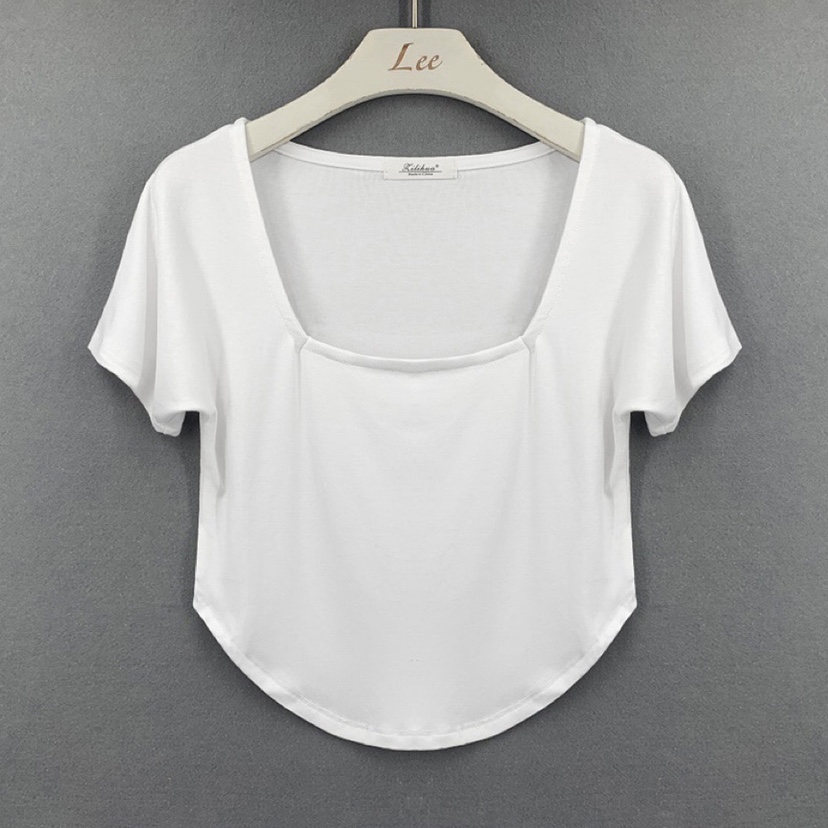 Slim-Fit Sexy Low-Cut Square Neck Short Sleeve T-Shirt with Curved Hem - 2025 South Korea Dongdaemun Summer Style for Women