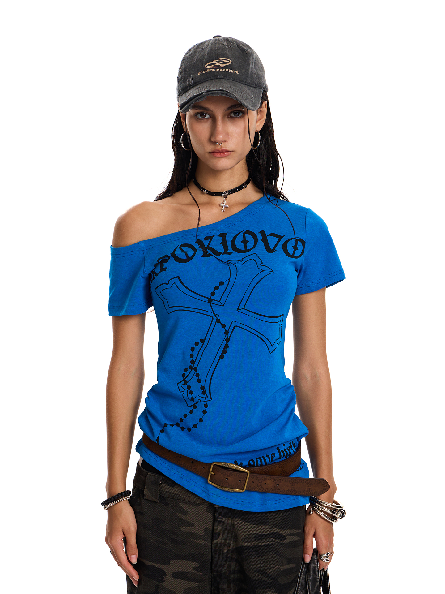 Slim Fit Short Sleeve Crossbody T-Shirt - American Retro Trendy Niche Design Top for 90s and Y2K Style Enthusiasts Slim Fit Short Sleeve Crossbody T-Shirt - American Retro Trendy Niche Design Top for 90s and Y2K Style Enthusiasts