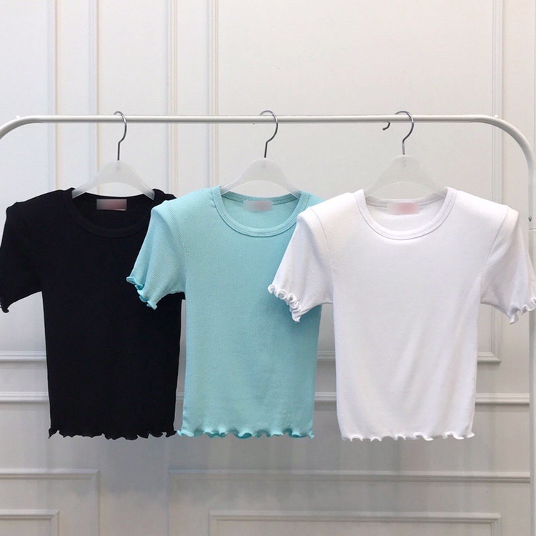 Slim Fit Solid Color Round Neck Ruffle Edge Ribbed Short Sleeve T-Shirt with Shoulder Pads - 2025 Summer Korean Style for Women Slim Fit Solid Color Round Neck Ruffle Edge Ribbed Short Sleeve T-Shirt with Shoulder Pads - 2025 Summer Korean Style for Women