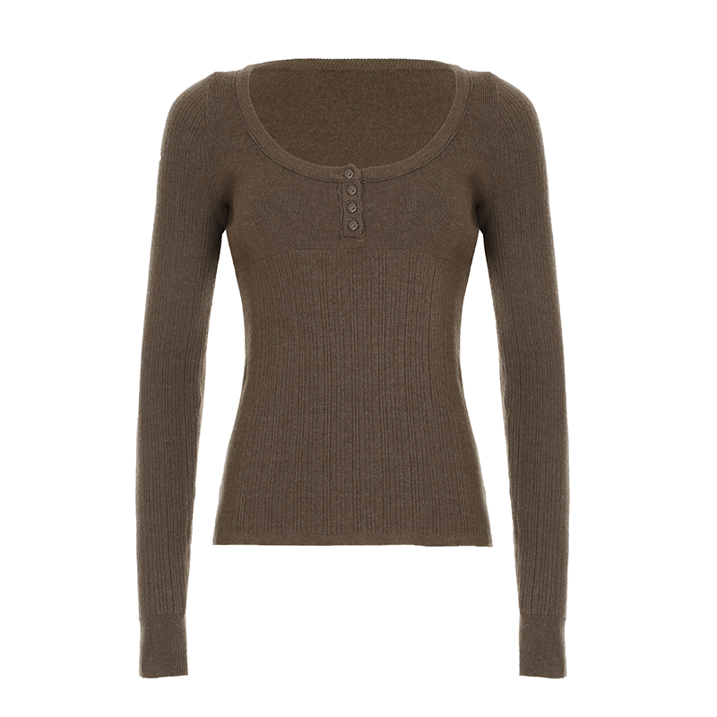 Slim Fit Square Neck Button Brown Sweater for Women - Flattering Versatile Base Layer Top, Perfect for 90s and Y2K Style Outfits