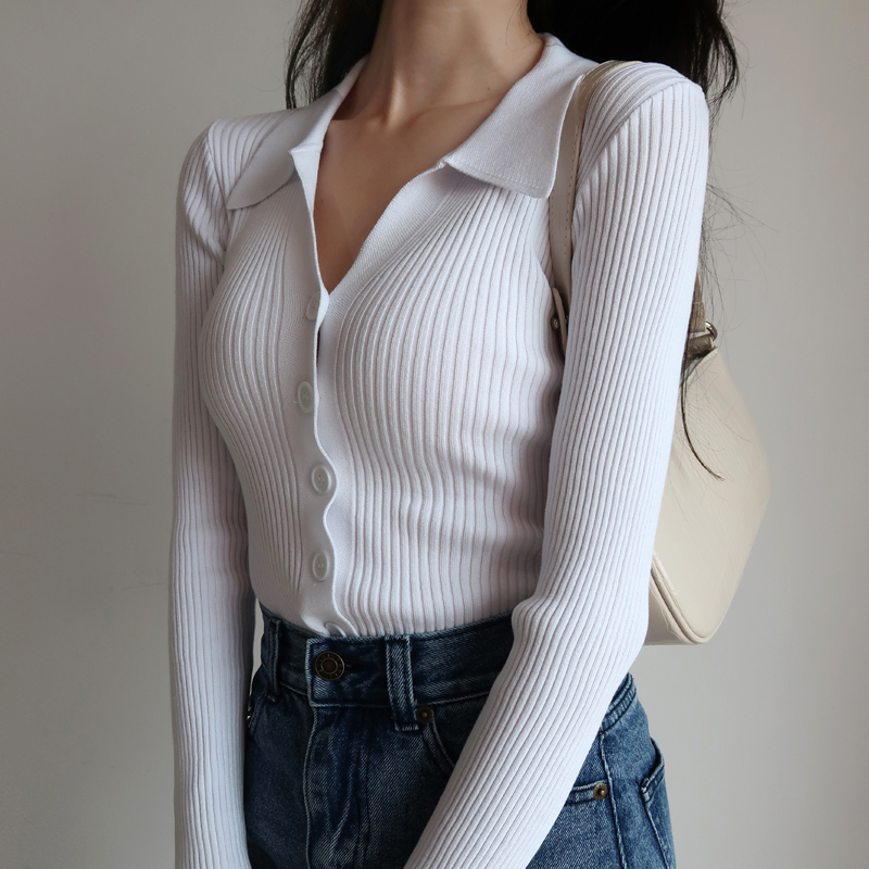 Slim Fit V-Neck Knitted Cardigan Sweater for Women - American Style Ribbed Button-Down Long Sleeve Top Slim Fit V-Neck Knitted Cardigan Sweater for Women - American Style Ribbed Button-Down Long Sleeve Top